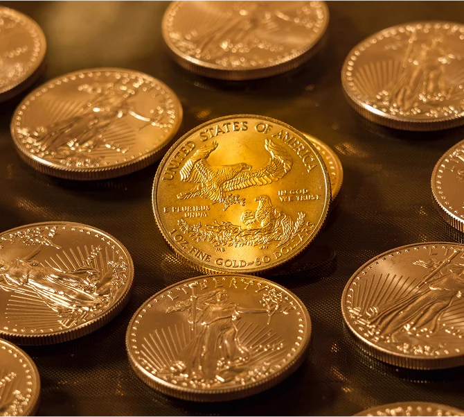 Columns of gold eagle coins