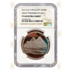 This 1993 (AH1414) Egypt 5 Pounds silver coin, certified PF68 Ultra Cameo by NGC (cert. 6910745-032), depicts the Great Pyramids of Giza. With deeply frosted devices and mirrored fields, it is a superb gem proof example. A striking piece for collectors of