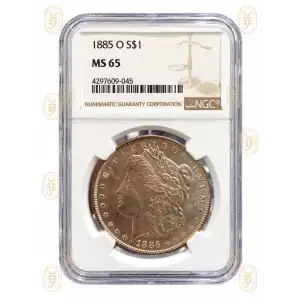 This 1885-O Morgan Silver Dollar, certified MS65 by NGC (cert. 4297609-045), is a gem example from the New Orleans Mint. With blazing mint luster, a strong strike, and pristine surfaces, it ranks among the most popular dates in the Morgan series. A superb
