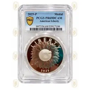 This 2025-P American Liberty Silver Medal, certified PR69DCAM by PCGS (cert. 55917199), is a stunning one-ounce silver medal from the U.S. Mint. With deep cameo contrast and near-flawless surfaces, it showcases the modern American Liberty design in superb